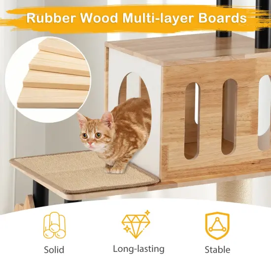 Natural Wood Cat Tree with Dual Condos, Sisal Scratchers and Pompom Toys {5}