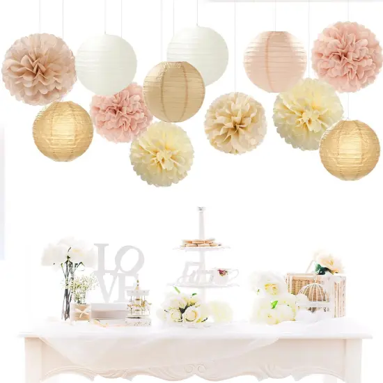 Champagne-Gold White Party-Decorations Paper-Flowers Lanterns - 15PCS Boho Fall Rustic Tissue Pom Poms Streamers,Wedding Baby Bridal Shower Neutral Autumn Birthday Hanging Supplies Decor Hugfond {2}