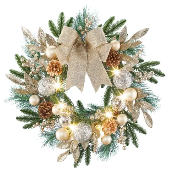 Collections Etc LED Lighted Silver & Gold Ornament Hanging Wreath {2}