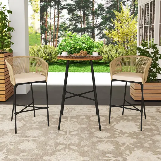3 Pieces Rope Woven Patio Bistro Set with Acacia Wood Tabletop and Soft Cushions {2}