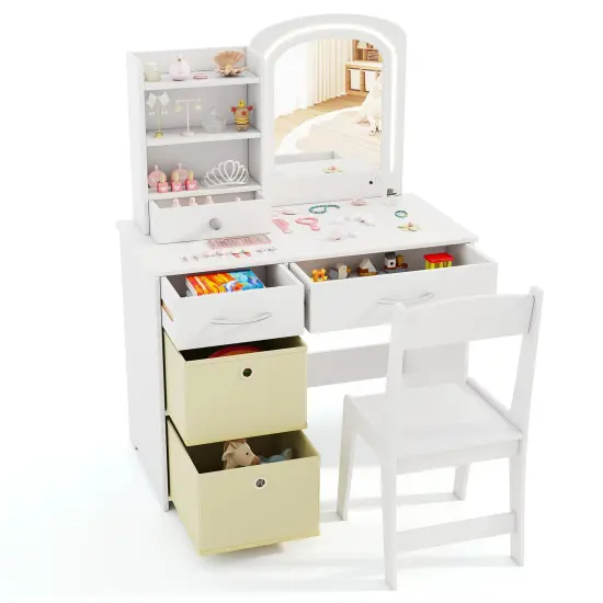 White MDF Kids Vanity Set with LED Mirror, Storage Drawers and Child-Safe Features {4}