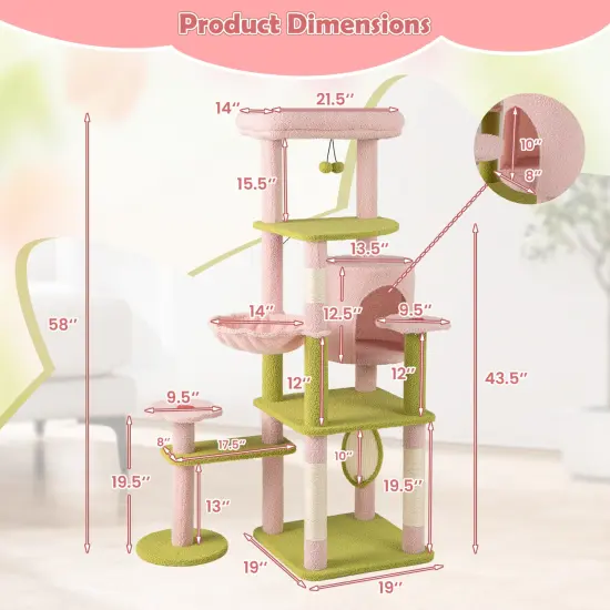 Pink-Green Teddy Plush Cat Tree with Condo, Hammock and Floral Scratching Posts {5}