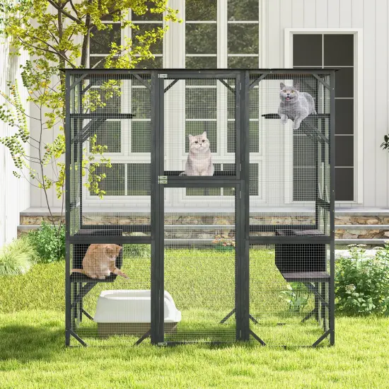 Grey Tall Outdoor Wooden Cat House with 6 Side and 1 Middle Platforms Suitable for Indoor and Outdoor Use {2}