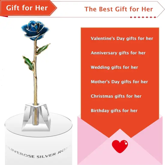 24k Gold Rose in Dipped,24k Gold Real Rose Gift for her, Long Stem Rose Made from Real Gold Rose for Anniversary Valentines Mothers Day Birthday (Deep Blue with Crystal Vase) {5}