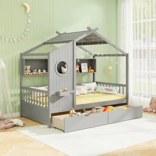 Twin Size Pine Wood House Bed with Storage Drawers, Guardrails and Shelves Gray {3}