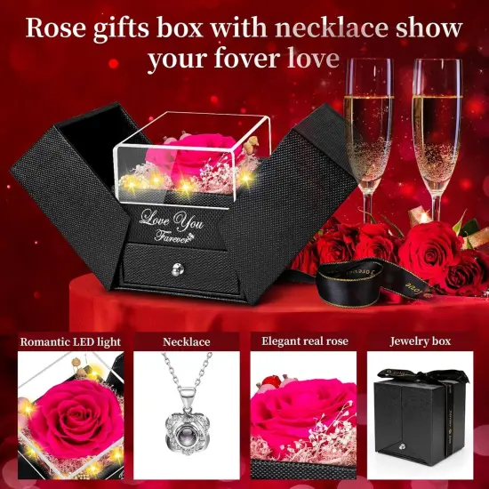 Preserved Dark Pink Real Rose with Heart I Love You Necklace -Eternal Flowers Rose Birthday Gifts for Women Her Mom Wife Girlfriend Grandma on Valentines Mothers Day Christmas Anniversary Romantic {2}