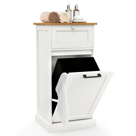 10 Gallon White MDF Laundry Hamper with Tilt-Out Cabinet Drawer and Portable Handle for Bathroom {4}