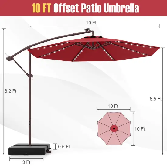 Costway Patio 10FT Hanging Offset Umbrella 32 LED Lights Sand Bag Outdoor Cross Base Beige/Turquoise/Dark Gray/Wine/Coffee/Navy {3}