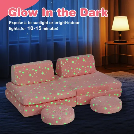 Flannel Kids Play Couch Set and 6-Piece Glow-in-the-Dark Modular Sofa Pink {6}