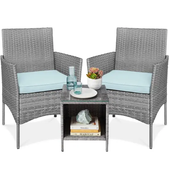 Best Choice Products 3-Piece Outdoor Wicker Conversation Patio Bistro Set, w/ 2 Chairs, Table Gray/Pastel Blue {1}