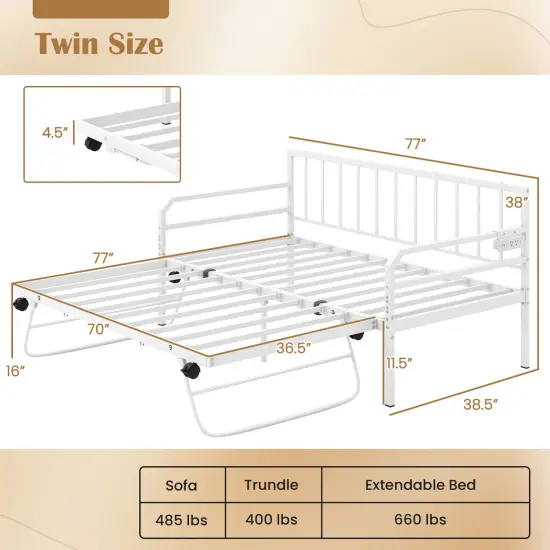Adjustable Twin Daybed with Pop-Up Trundle, LED Lights and Power Strip White {4}