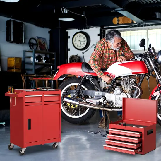 2-in-1 Tool Chest Cabinet with 5 Sliding Drawers and 4 Universal Wheels Perfect for Garage or Workshop Red {3}