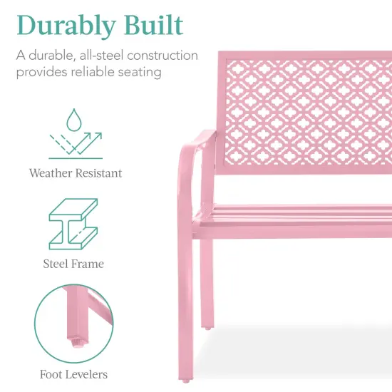 Best Choice Products Indoor Outdoor Steel Garden Bench w/ Geometric Backrest, Foot Levelers Pink {2}