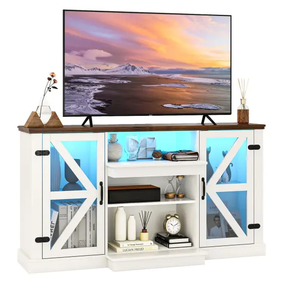 White Tempered Glass TV Stand with LED Lights, Adjustable Shelves and Console Table Storage {4}