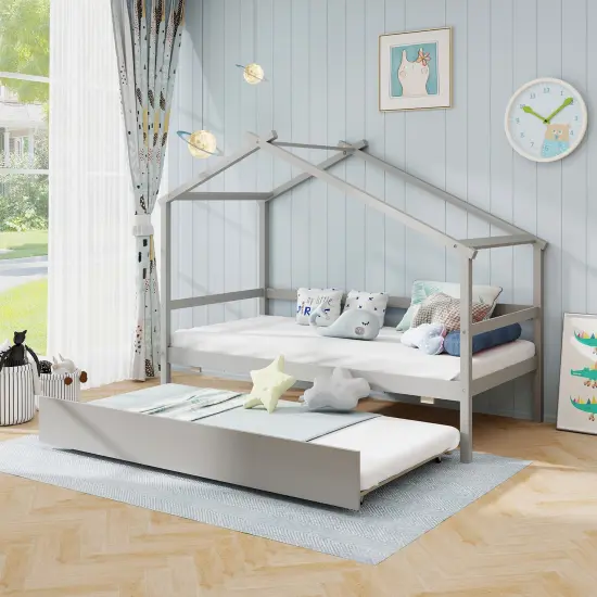 Pine Wood Twin Size House Bed with Trundle, DIY Roof, Slat Support and Safe Design Gray {3}