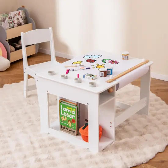 White Kids Craft Drawing Desk with Chair and 2 Spacious Storage Shelves {2}