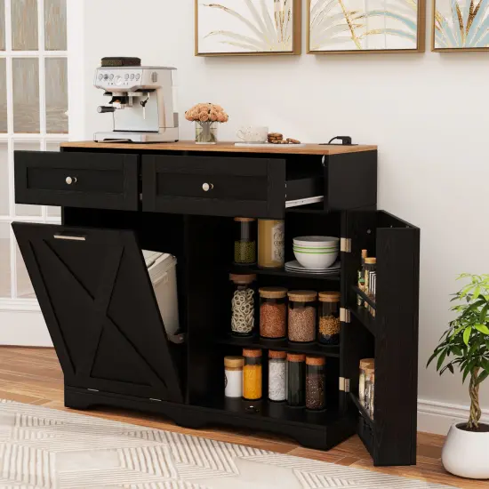 Tilt Out Wooden Trash Can Cabinet with 3 Position Adjustable Shelf and Power Outlets Black {3}