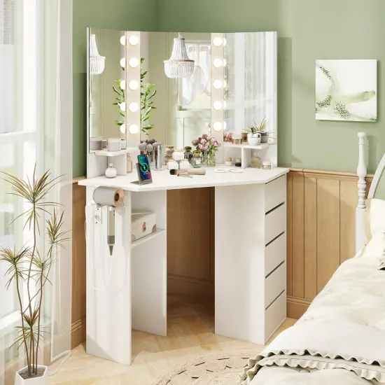 5 Drawers Corner Vanity Desk with LED Mirror and Charging Station Storage Shelves for Bedroom White {2}