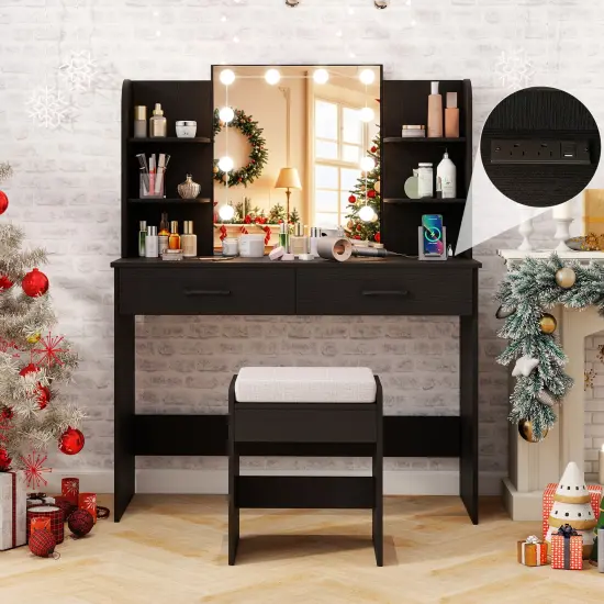 Vanity Set with Lighted Mirror and Stool for Easy Storage and Charging Black {5}