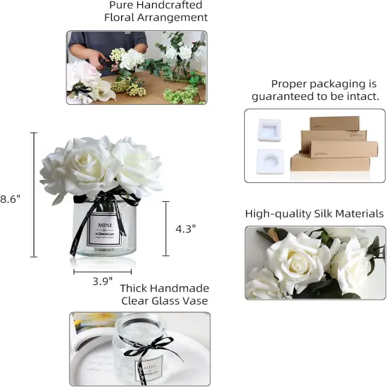 Artificial Flowers with White Roses in Vase Tabletop Decor {3}