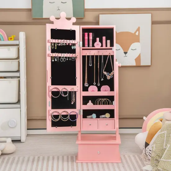 Costway Kid Freestanding Jewelry Armoire 2-in-1 Full Length Mirror Storage Drawer Pink/White {9}