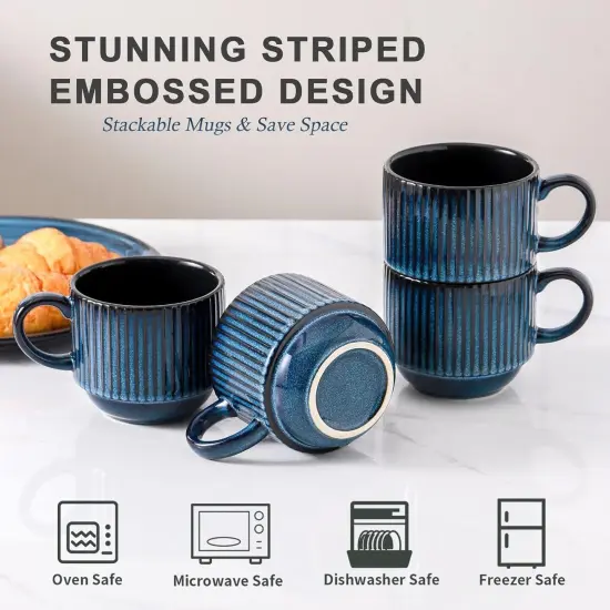 Large Coffee Mug Set of 4 with Holder - 15 Oz Stackable Ceramic Ribbed Latte Cup Set for Cappuccino, Tea, Hot Cocoa, Drinks - Dishwasher & Microwave Safe, Navy {4}