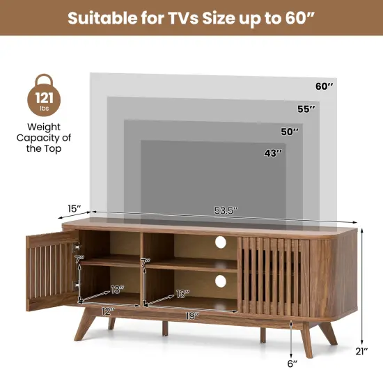 53.5 Inch TV Stand in Walnut Finish Media Console with Adjustable Shelves and Cable Management {5}