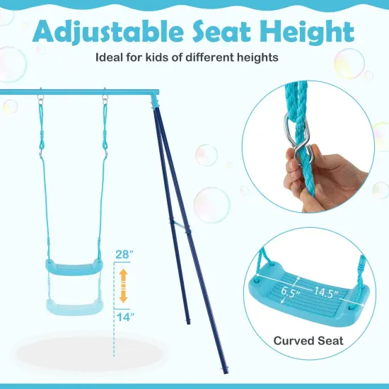Adjustable Metal Swing Set with Stand and Seat Height 14-28 inches for Kids Blue {5}