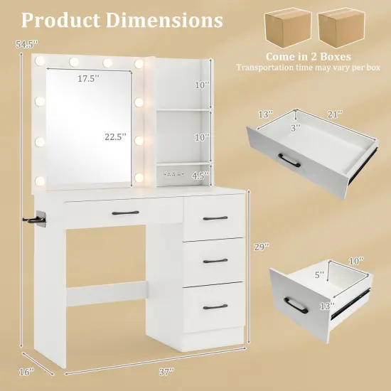 MDF Vanity Desk with Mirror, 3-Color Lighting, Storage and Charging Station White {4}