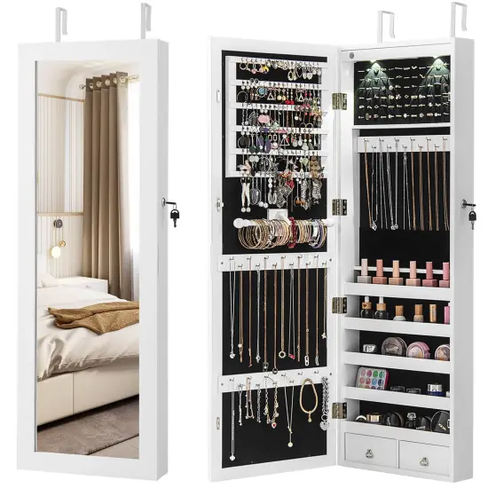 Costway Mirror Jewelry Cabinet with Full Length Clear Mirror & Internal LED Lights Hooks {1}