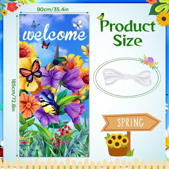 Welcome Butterfly Door Cover Welcome Spring Door Decorations Banner Butterfly Flower Porch Banner Sign Photo Background for Spring and Summer Seasonal Welcome Holiday Party Indoor Outdoor Decor {2}