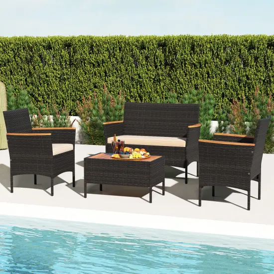 4 Piece Patio Wicker Metal Frame Conversation Set with 2 Rattan Chairs and Loveseat {2}