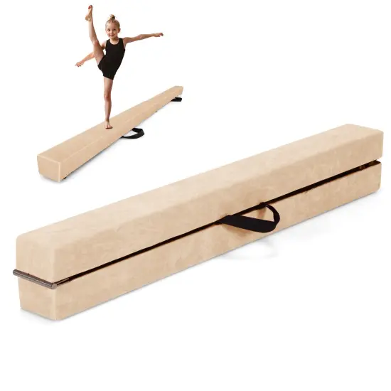 8 Feet Portable Folding Gymnastic Balance Beam with Solid Wood Base Ideal for Walkover or Cartwheel Beige {4}