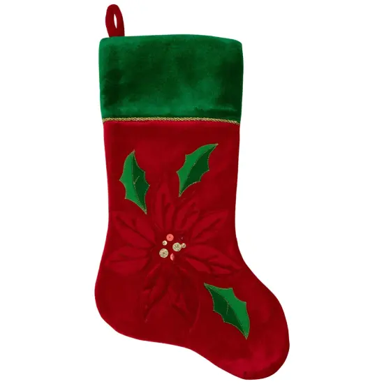 Northlight 20" Red and Green Velveteen Poinsettia Christmas Stocking {3}