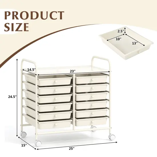 12 Removable Drawers Rolling Storage Cart with 4 Universal Wheels and Metal Frame White {5}