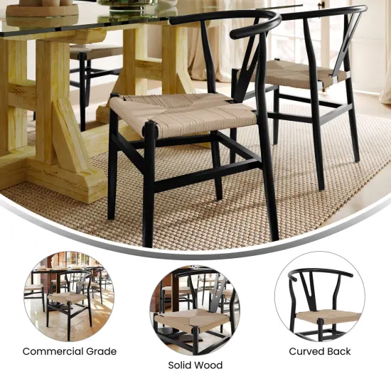 Merrick Lane Staci Stack Dining Chair with Y-Back Style Design, Solid Wood Frame, Woven Kraft Paper Rope Seat BlackFrame/Natural {4}