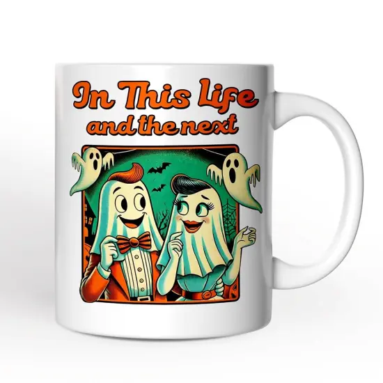 Retro Ghost Lovers Through Next Lives, Mug, Vintage Halloween Gift for Couples {1}