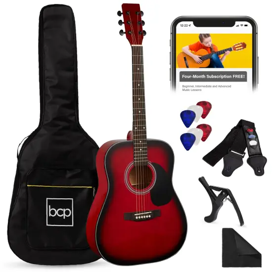 Best Choice Products 41in Full Size All-Wood Acoustic Guitar Starter Kit w/ Gig Bag, Pick, Strap, Rag Red Burst {1}