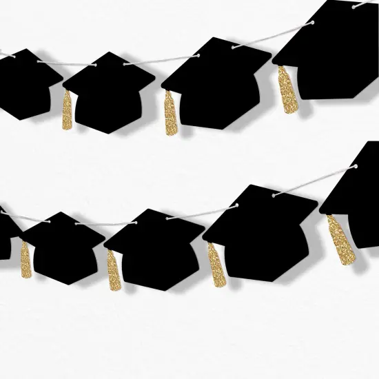 Big Dot of Happiness Graduation Cap Garland Banner, High School or Elementary Grad Photo Backdrop, 10 Feet of Cord, 15 Black Hats with Gold Tassels {1}