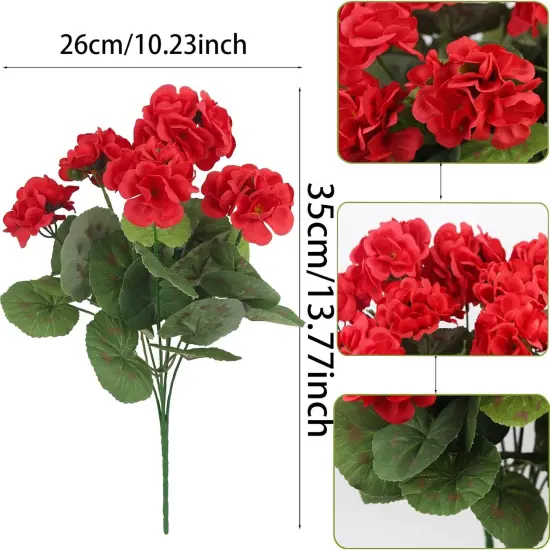 Artificial Red Geranium Bush Outdoor Plant Faux Geraniums Silk Flowers Fake Flowers for Home Garden Patio Windowbox Grave Cemetary Vase Table Decor {4}
