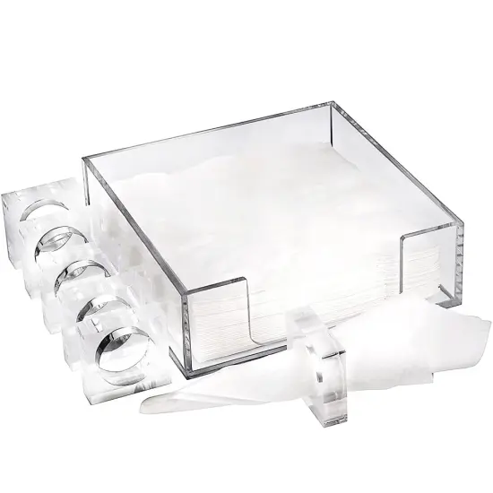 Lucite Napkin Holder Set with 6 Napkin Rings {1}