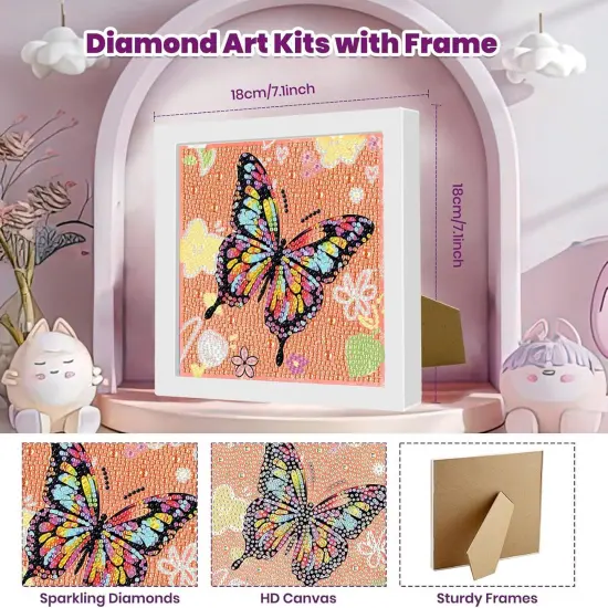 Butterfly Diamond Art for Kids with Frame- Butterfly Diamond Art Kits for Kids, Frame Diamond Art Kits for Kids 9-12 Girls for Decor Gift 7x7Inch {2}