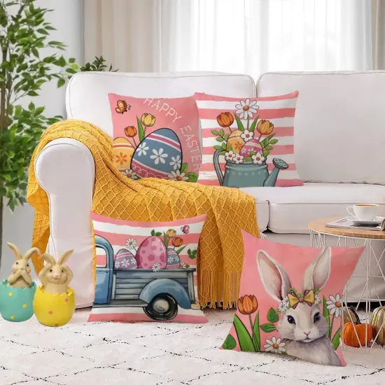 Easter Throw Pillow Covers 18x18 Set of 4 Soft Velvet Spring Easter Pillow Covers Pink Easter Bunny Egg Flower Truck Cushion Covers Pillow Cases for Home Outdoor Sofa Couch Decoration {3}