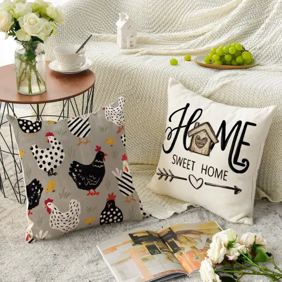Farmhouse Chicken Home Sweet Home Throw Pillow Covers, 18 x 18 Inch Bless Our Home Seasonal Cushion Case Decoration for Sofa Couch Set of 4 {4}