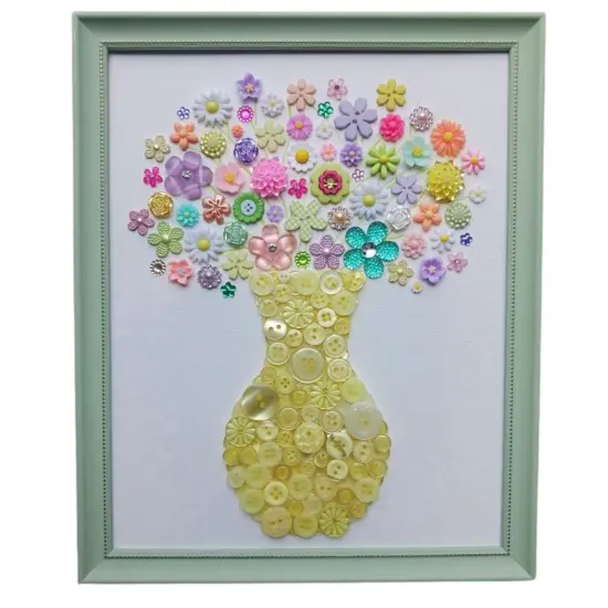 Flower Button Art Bundle | 75+ Assorted Flower Buttons + Yellow Fillers | Craft & DIY Decor Kit (8&rdquo; x 10&rdquo; Frame Size) {1}