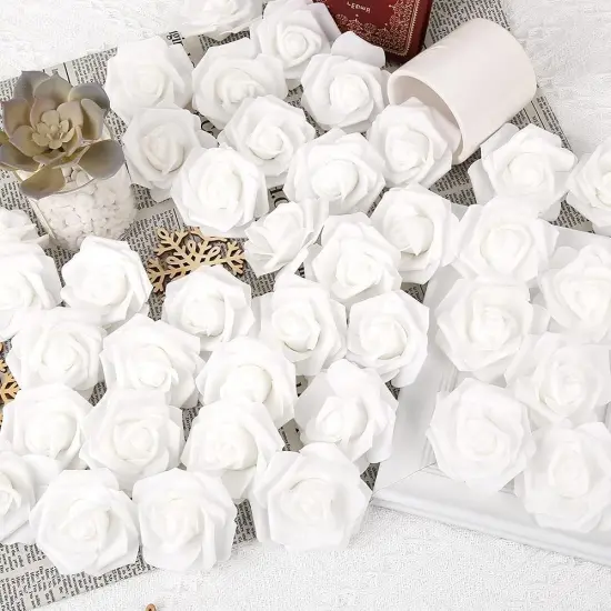 100 Pcs Artificial Rose Flower Heads Real Looking White Foam Centerpieces {4}