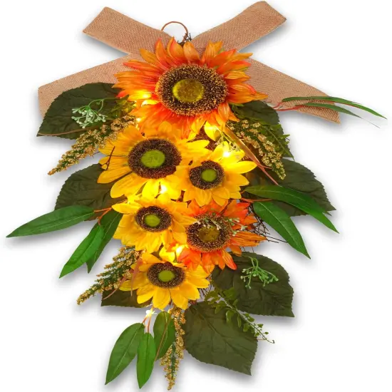 24" Pre-lit Decorative Teardrop Swag, Battery Operated Autumn Theme Swag with Fairy Lights {1}