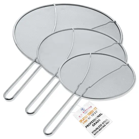 U.S. Kitchen Supply Set of 3 Stainless Steel Splatter Screen - 13", 11.5" & 9.5" Sizes - Fine Mesh Splatter Screen with Resting Feet Set, Grease Guard for Kitchen Pots and Pans {1}