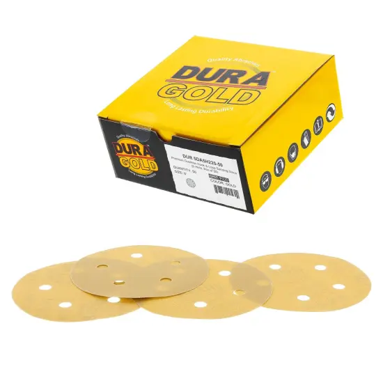 220 Grit - 5" Gold DA Sanding Discs - 5-Hole Pattern Hook and Loop - Box of 50 {1}