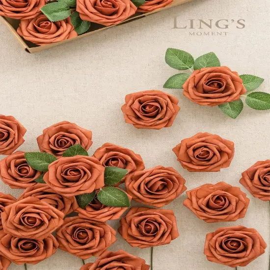 25Pcs Artificial Flowers - 3" Burnt Orange Roses withj Stems {3}